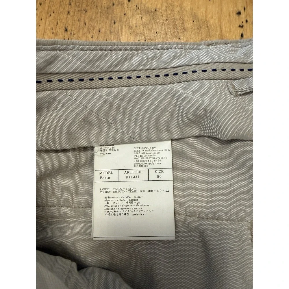 SUITSUPPLY Porto Trousers Men's UK 50 W/34x28 Chino Zip Fly Pockets Khaki Logo